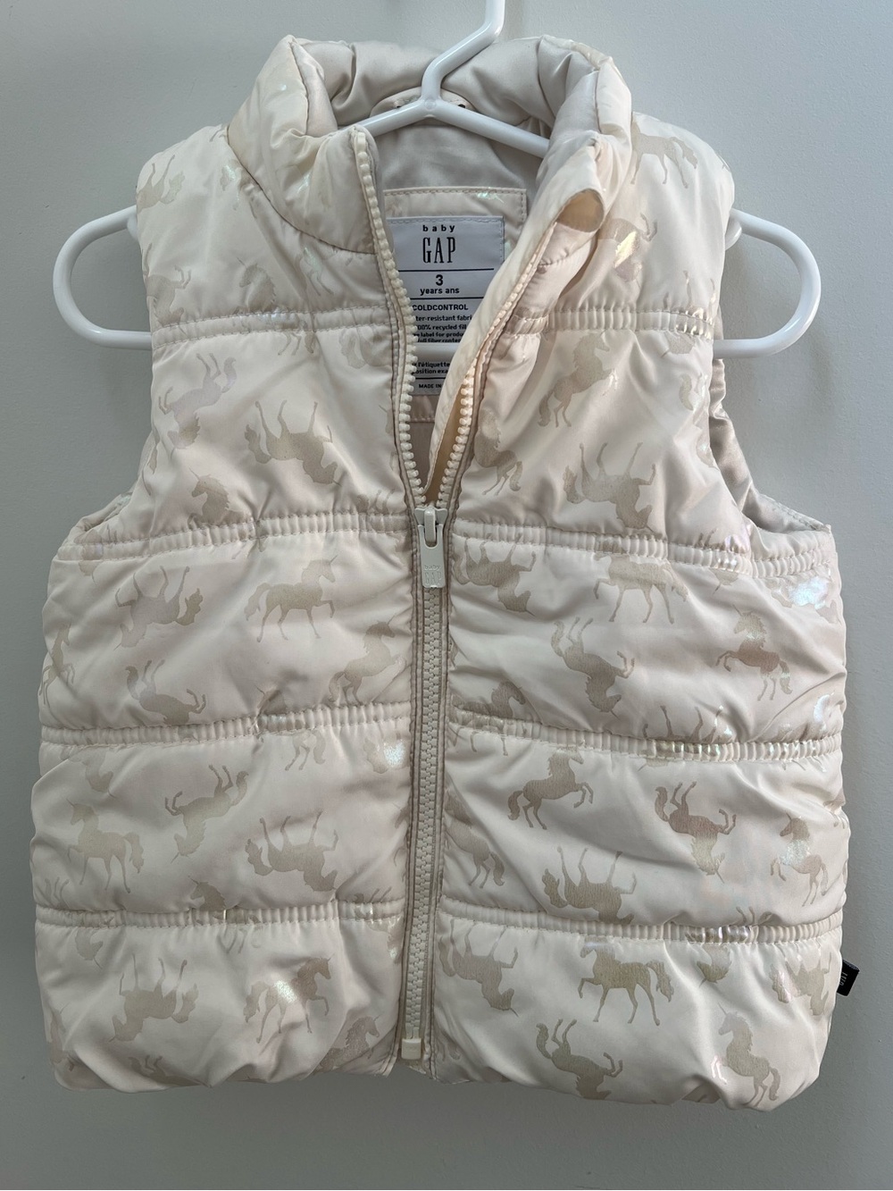 GAP Cream Puffer Vest with Subtle Horse Print